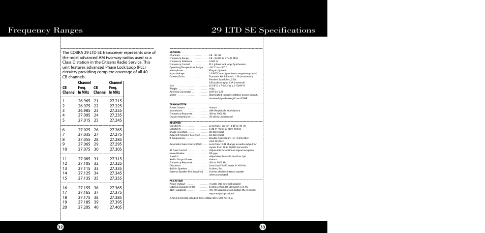 29 ltd se specifications frequency ranges | Cobra Electronics 29 LTD SE User Manual | Page 17 / 21