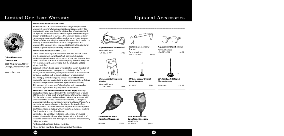 Optional accessories, Limited one year warranty | Cobra Electronics 29 LTD SE User Manual | Page 18 / 21