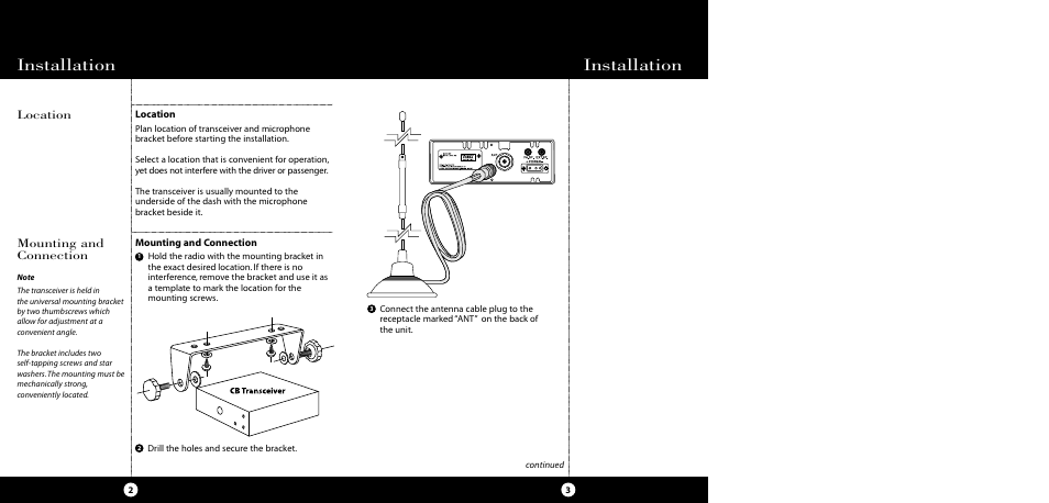 Installation, Location, Mounting and connection | Cobra Electronics 29 LTD SE User Manual | Page 2 / 21