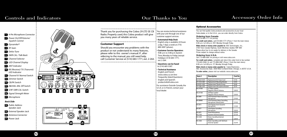 Accessory order info, Controls and indicators, Customer support | Cobra Electronics 29 LTD SE User Manual | Page 21 / 21