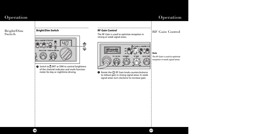 Operation, Rf gain control bright/dim switch | Cobra Electronics 29 LTD SE User Manual | Page 9 / 21