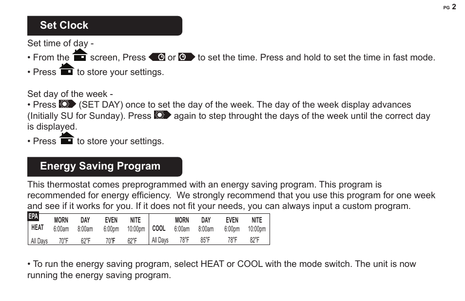 Set clock, Energy saving program | 3M 22 User Manual | Page 2 / 9
