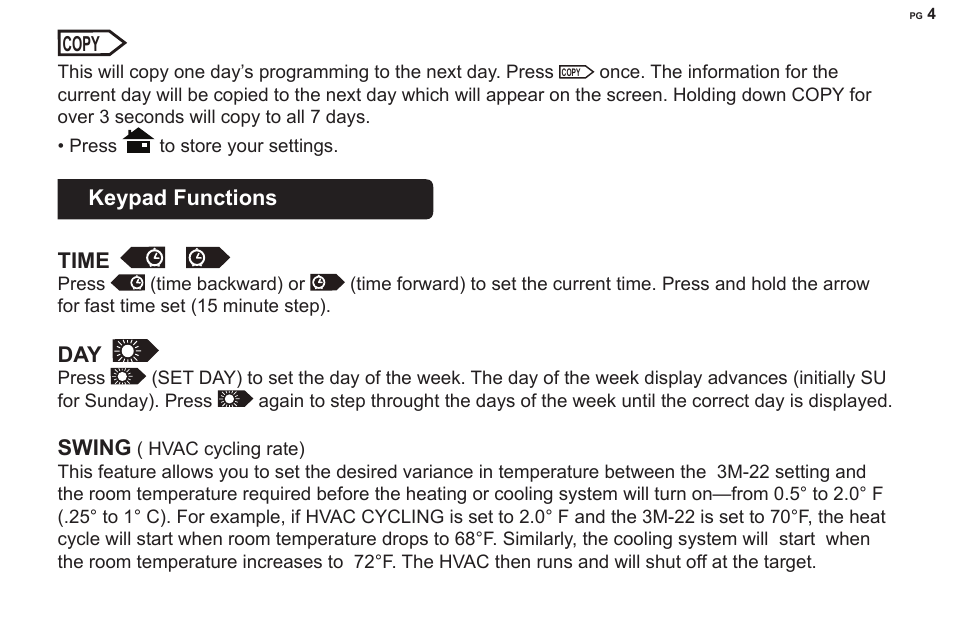 Keypad functions, Time, Swing | 3M 22 User Manual | Page 4 / 9