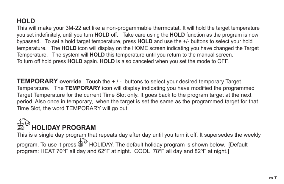 Hold, Temporary, Holiday program | 3M 22 User Manual | Page 7 / 9