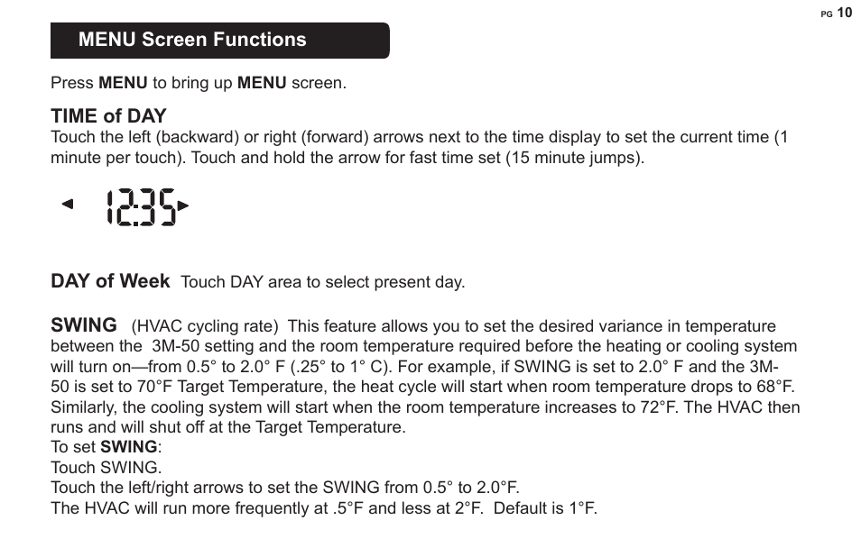 Menu screen functions, Time of day, Day of week | Swing | 3M 50 User Manual | Page 10 / 16