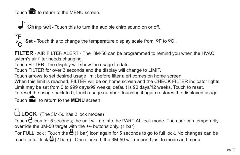 Chirp set, Filter, Lock | 3M 50 User Manual | Page 11 / 16