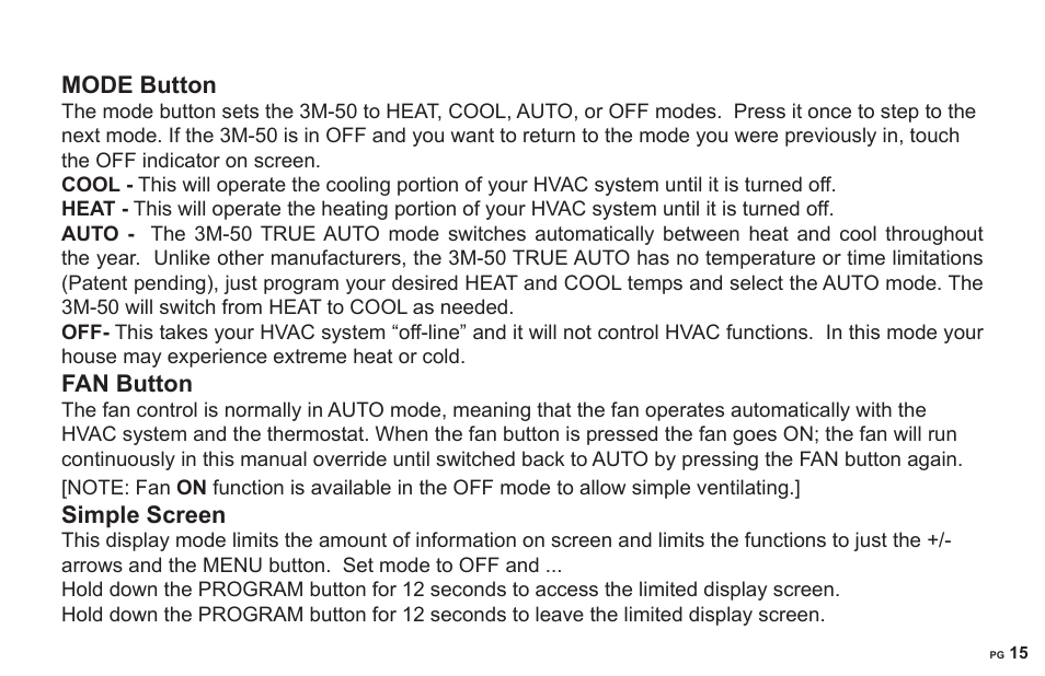 Mode button, Fan button, Simple screen | 3M 50 User Manual | Page 15 / 16