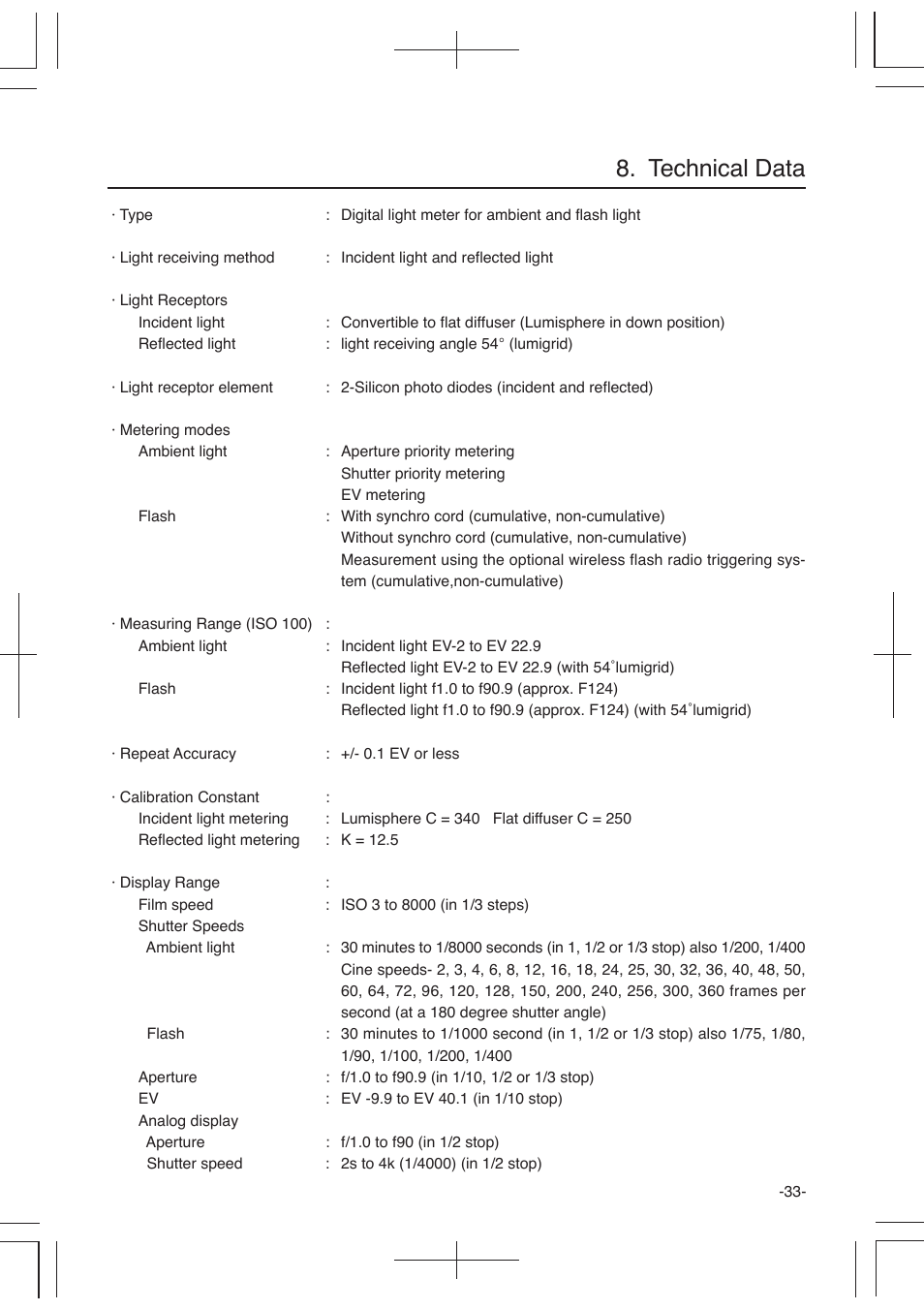 Technical data | Sekonic L-358 User Manual | Page 37 / 52