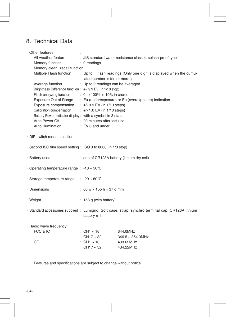 Technical data | Sekonic L-358 User Manual | Page 38 / 52