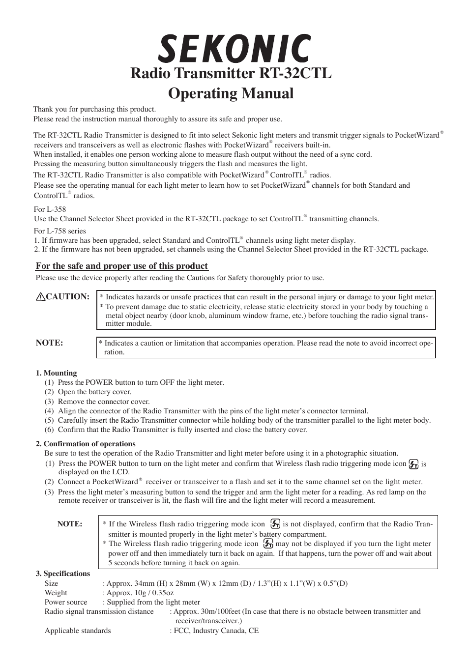 Radio transmitter rt-32ctl operating manual, For the safe and proper use of this product | Sekonic L-358 User Manual | Page 49 / 52