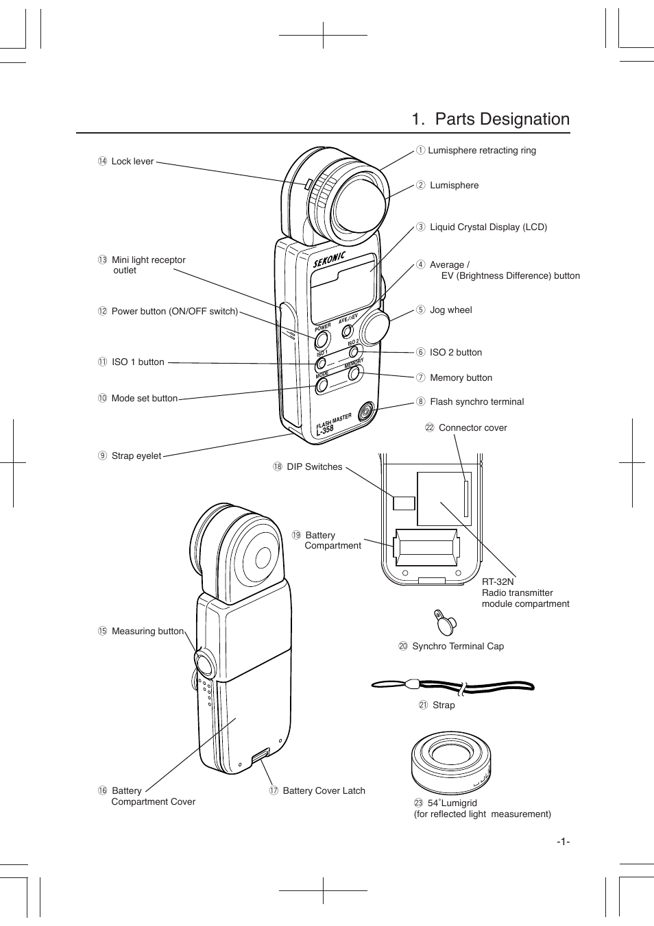 Parts designation | Sekonic L-358 User Manual | Page 5 / 52