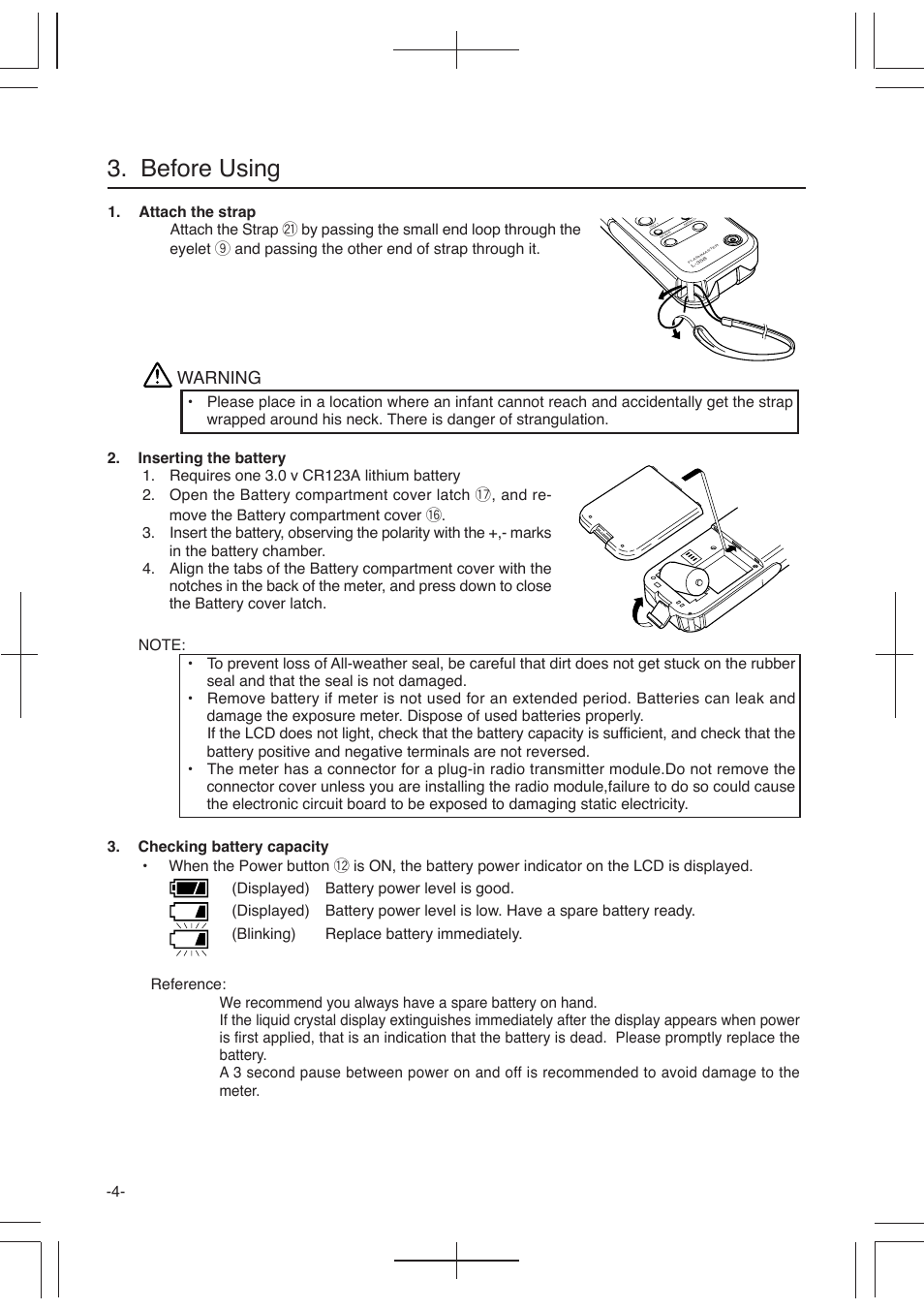 Before using, Warning | Sekonic L-358 User Manual | Page 8 / 52