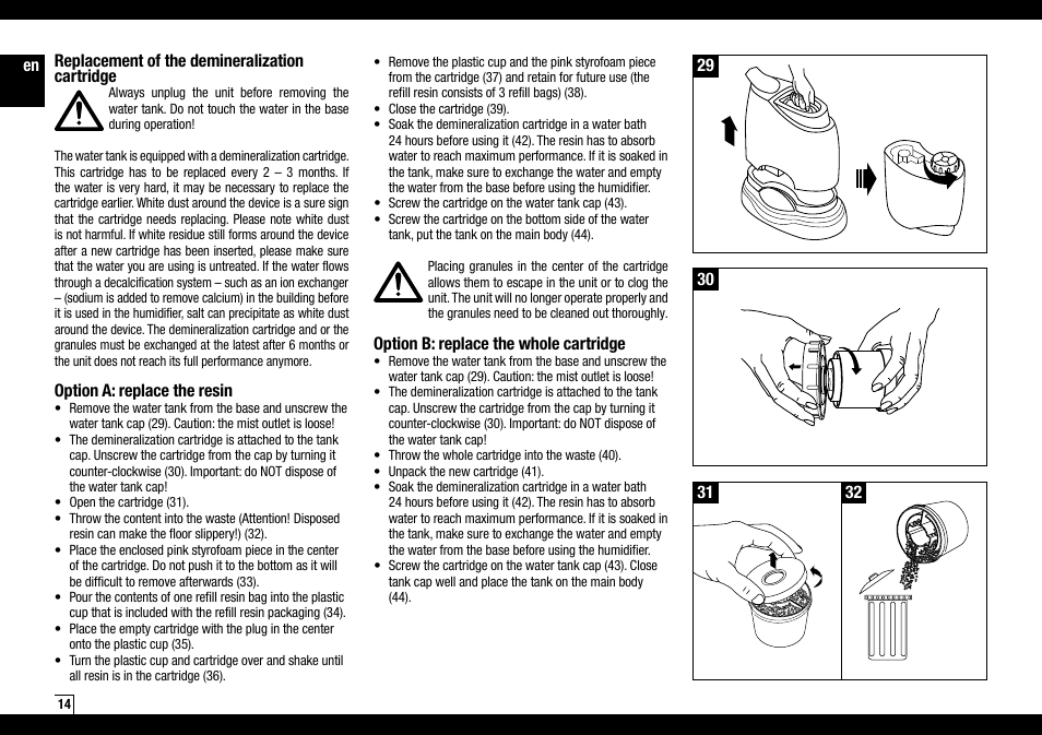 En replacement of the demineralization cartridge, Option a: replace the resin, Option b: replace the whole cartridge | Air-O-Swiss AOS 7135 User Manual | Page 14 / 52