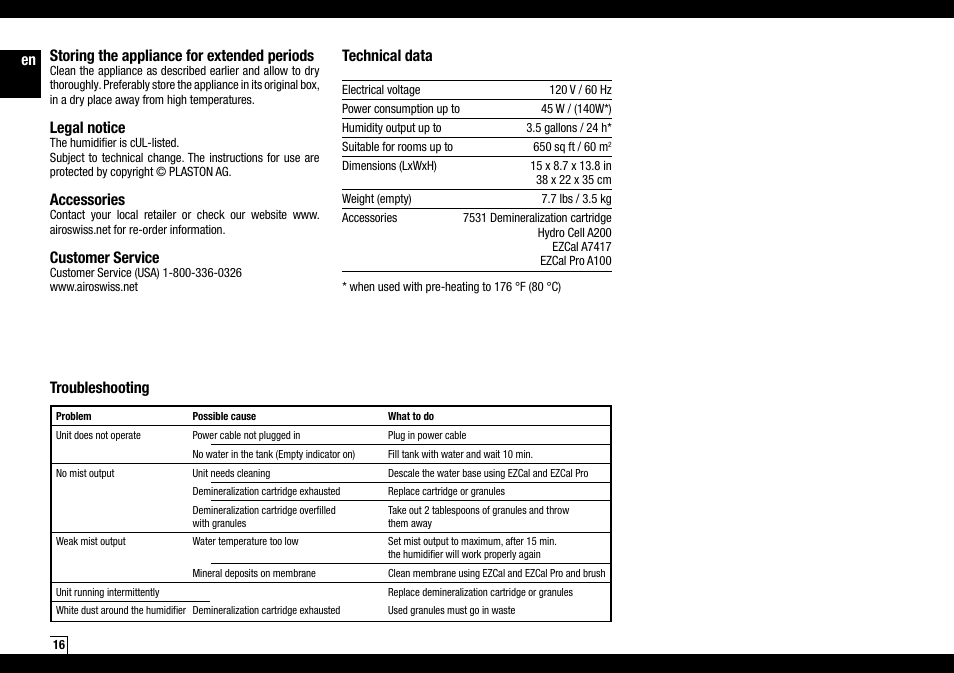 En technical data, Storing the appliance for extended periods, Legal notice | Accessories, Customer service, Troubleshooting | Air-O-Swiss AOS 7135 User Manual | Page 16 / 52