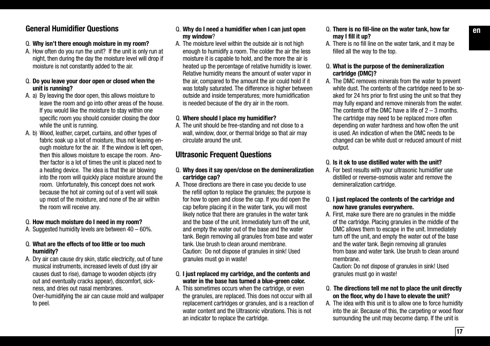En general humidifier questions, Ultrasonic frequent questions | Air-O-Swiss AOS 7135 User Manual | Page 17 / 52