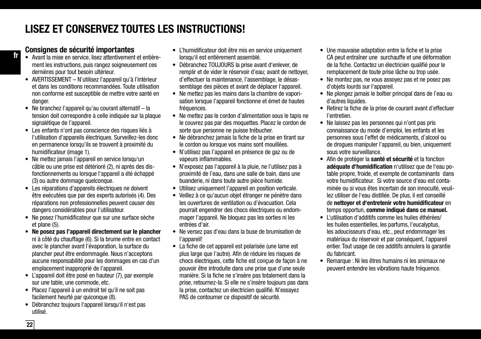 Lisez et conservez toutes les instructions, Fr consignes de sécurité importantes | Air-O-Swiss AOS 7135 User Manual | Page 22 / 52