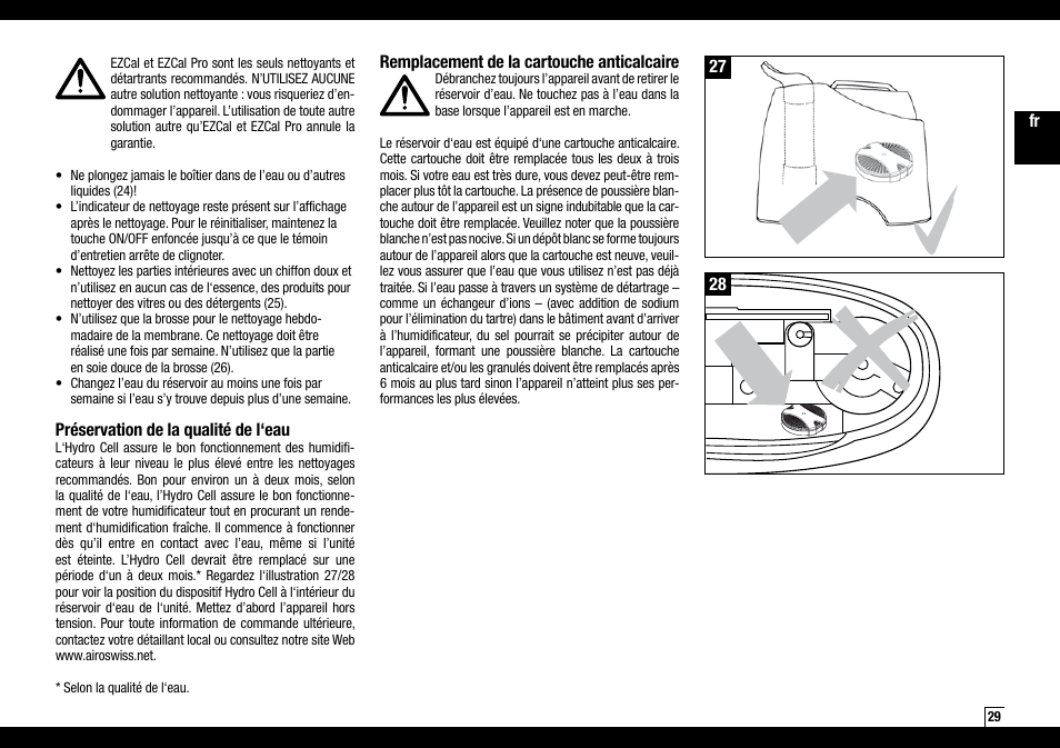 Préservation de la qualité de l‘eau, Remplacement de la cartouche anticalcaire | Air-O-Swiss AOS 7135 User Manual | Page 29 / 52