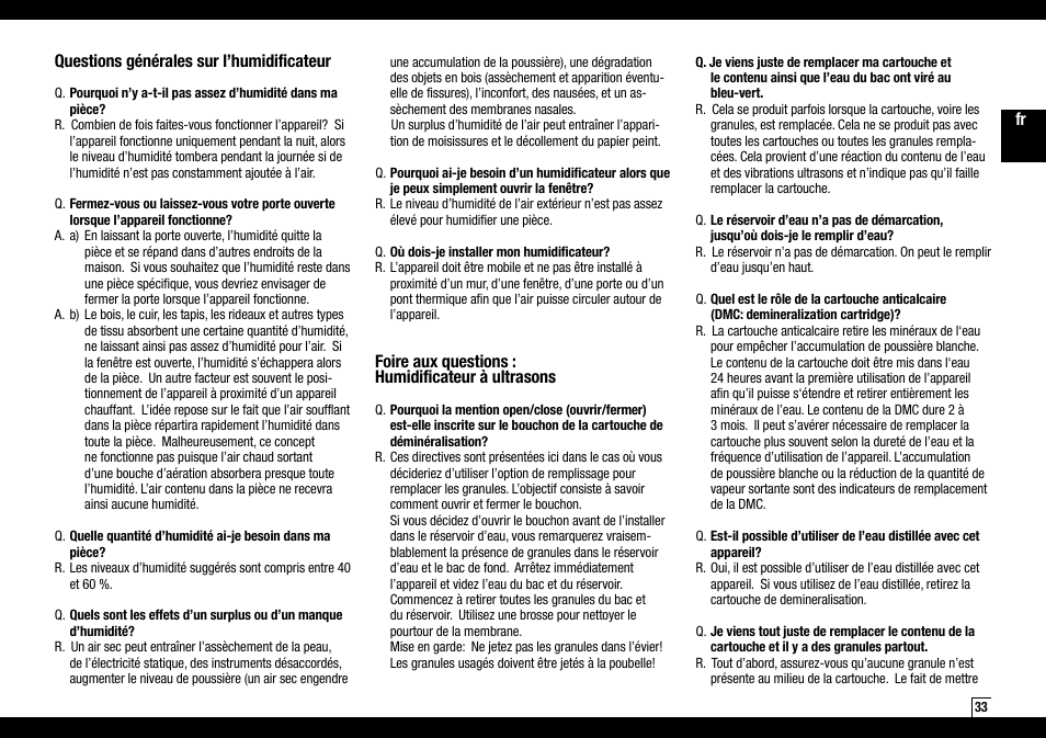 Fr questions générales sur l’humidificateur, Foire aux questions : humidificateur à ultrasons | Air-O-Swiss AOS 7135 User Manual | Page 33 / 52