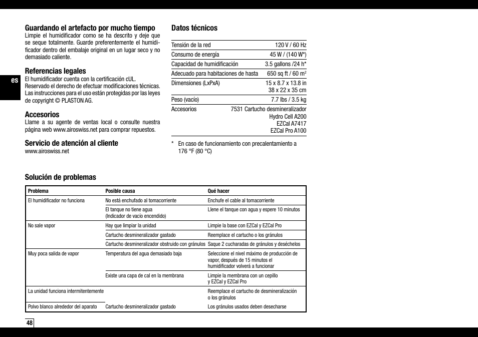 Es guardando el artefacto por mucho tiempo, Referencias legales, Accesorios | Servicio de atención al cliente, Datos técnicos, Solución de problemas | Air-O-Swiss AOS 7135 User Manual | Page 48 / 52