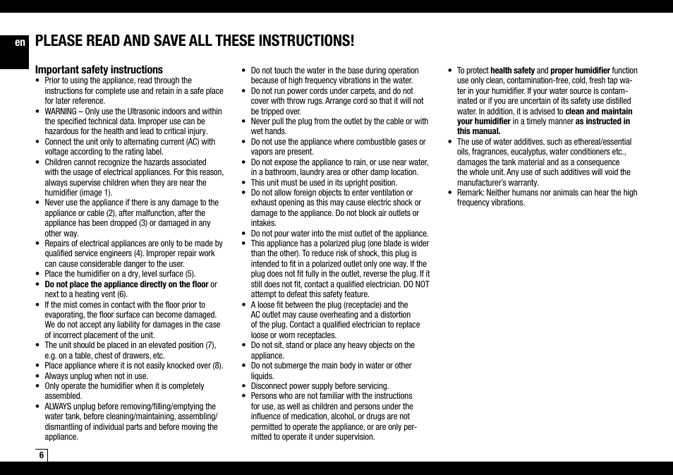 Please read and save all these instructions, En important safety instructions | Air-O-Swiss AOS 7135 User Manual | Page 6 / 52