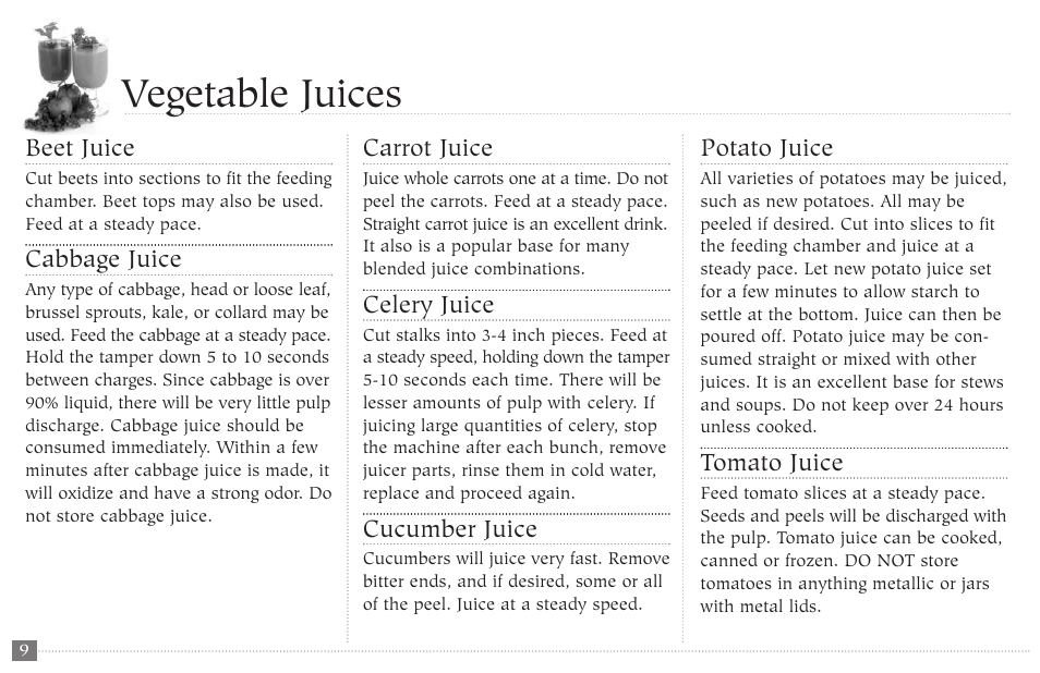 Vegetable juices | Champion juicer G5-NG-853-S User Manual | Page 10 / 53