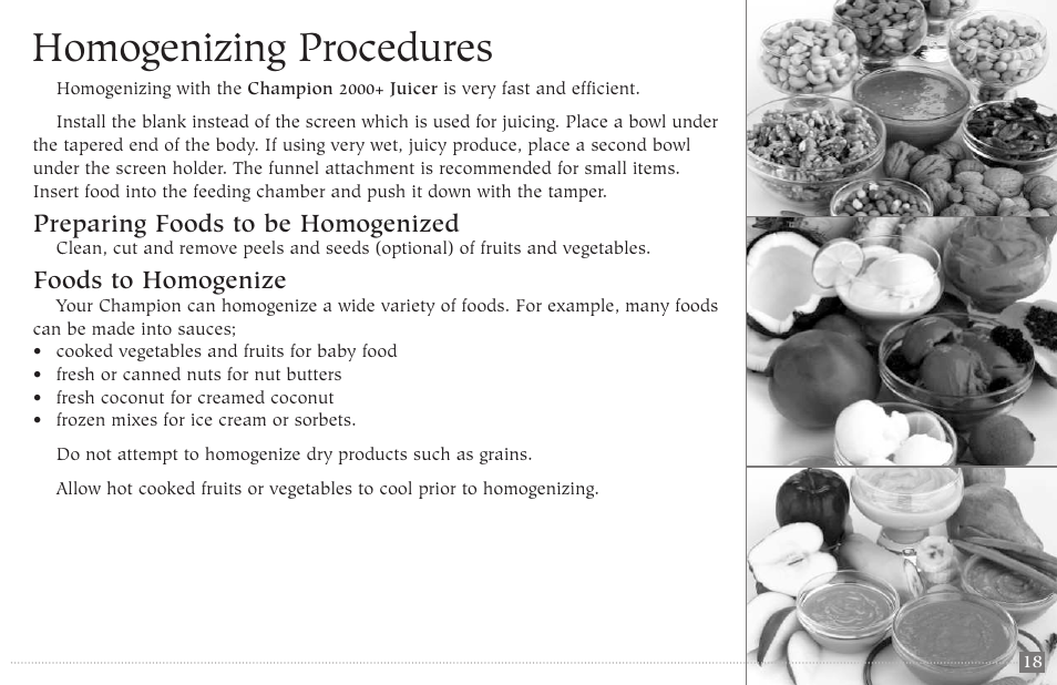 Homogenizing procedures, Preparing foods to be homogenized, Foods to homogenize | Champion juicer G5-NG-853-S User Manual | Page 19 / 53