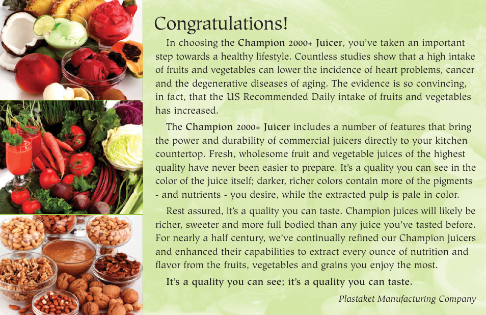 Champion juicer G5-NG-853-S User Manual | Page 2 / 53