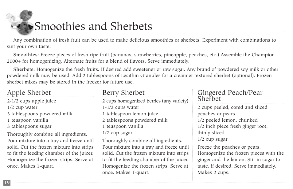 Smoothies and sherbets | Champion juicer G5-NG-853-S User Manual | Page 20 / 53