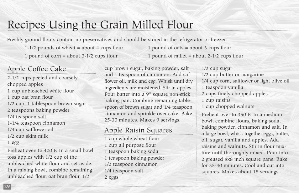 Recipes using the grain milled flour, Apple coffee cake, Apple raisin squares | Champion juicer G5-NG-853-S User Manual | Page 30 / 53