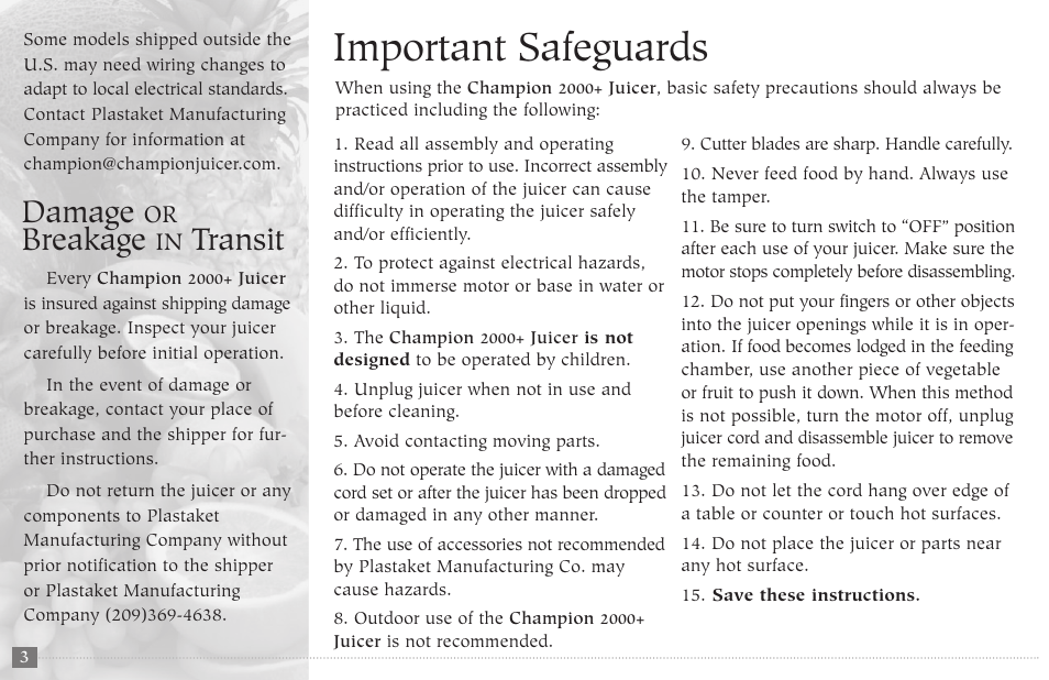 Important safeguards, Damage, Breakage | Transit | Champion juicer G5-NG-853-S User Manual | Page 4 / 53