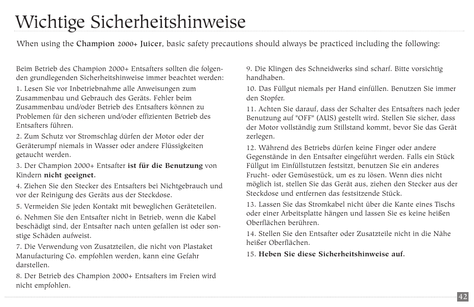 Wichtige sicherheitshinweise | Champion juicer G5-NG-853-S User Manual | Page 42 / 53