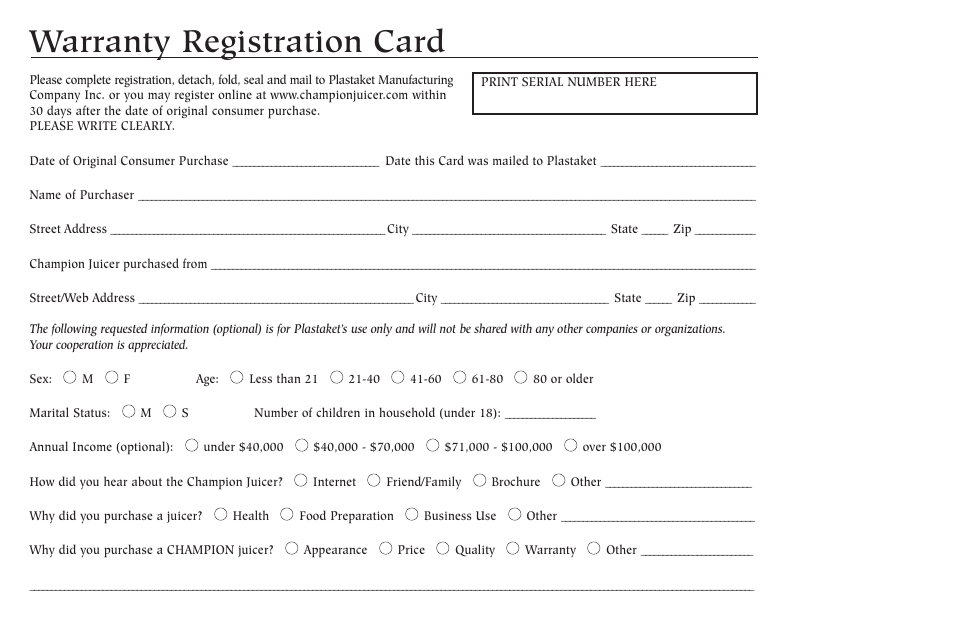 Warranty registration card | Champion juicer G5-NG-853-S User Manual | Page 49 / 53