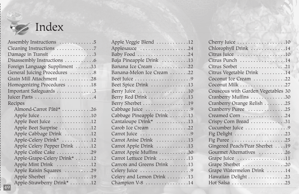 Index | Champion juicer G5-NG-853-S User Manual | Page 51 / 53