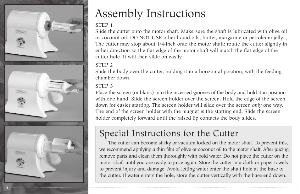 Assembly instructions, Special instructions for the cutter | Champion juicer G5-NG-853-S User Manual | Page 6 / 53
