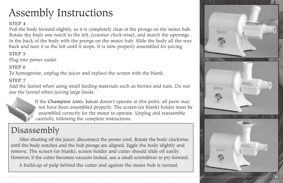 Assembly instructions, Disassembly | Champion juicer G5-NG-853-S User Manual | Page 7 / 53