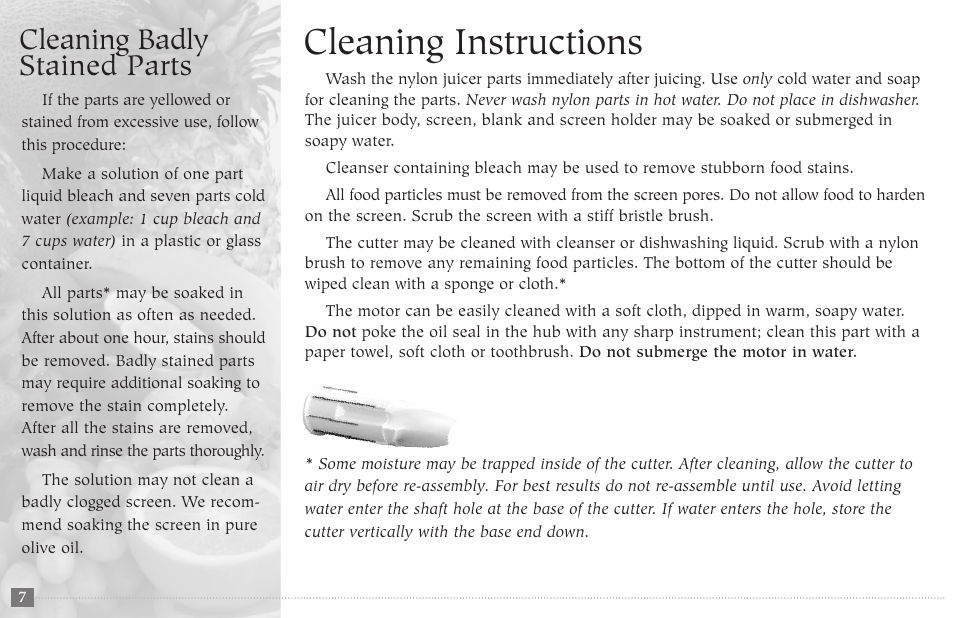 Cleaning instructions, Cleaning badly stained parts | Champion juicer G5-NG-853-S User Manual | Page 8 / 53