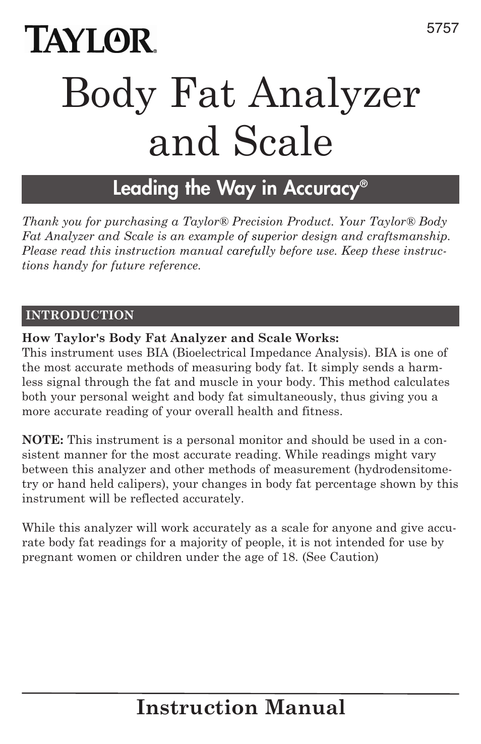 Taylor Body Fat Analyzer and Scale 5757 User Manual | 12 pages
