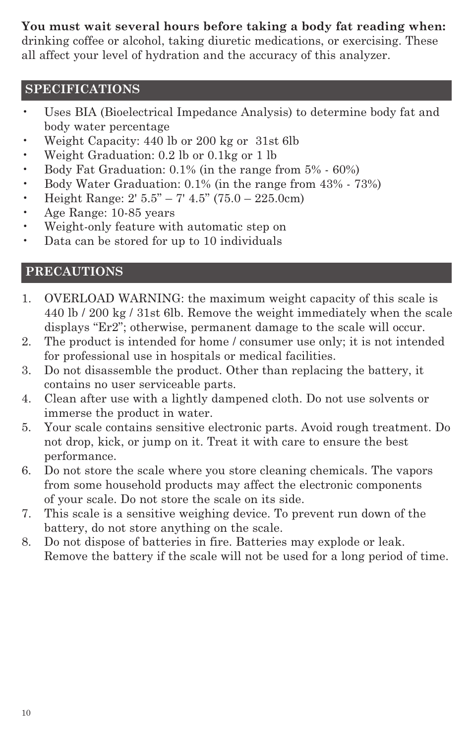 Taylor Body Fat Analyzer and Scale 5757 User Manual | Page 10 / 12