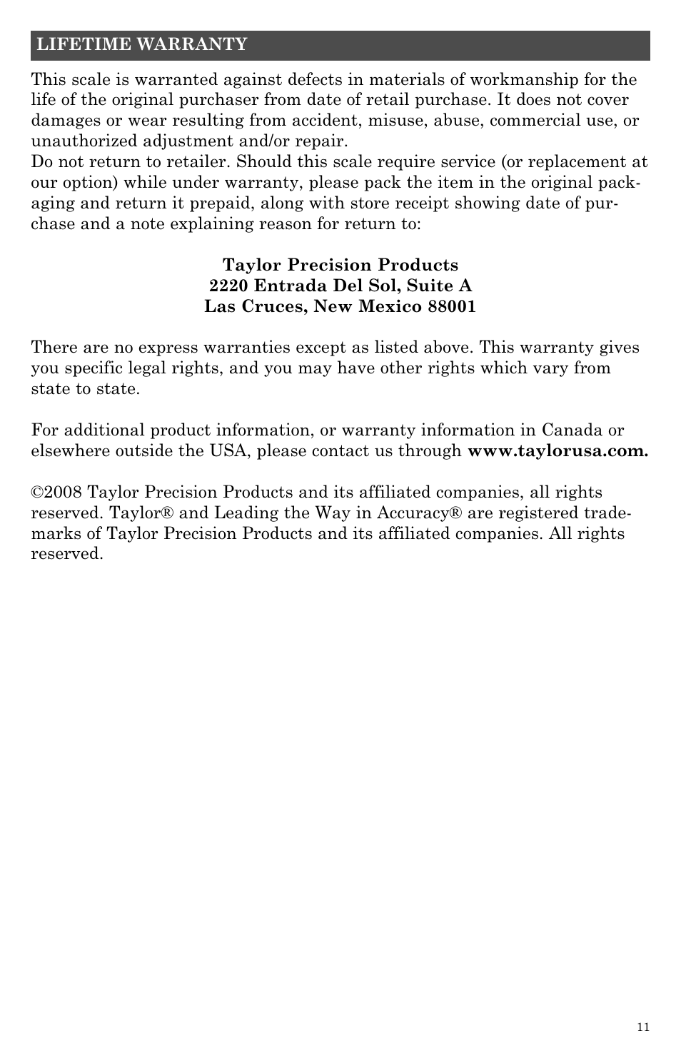 Taylor Body Fat Analyzer and Scale 5754 User Manual | Page 11 / 12