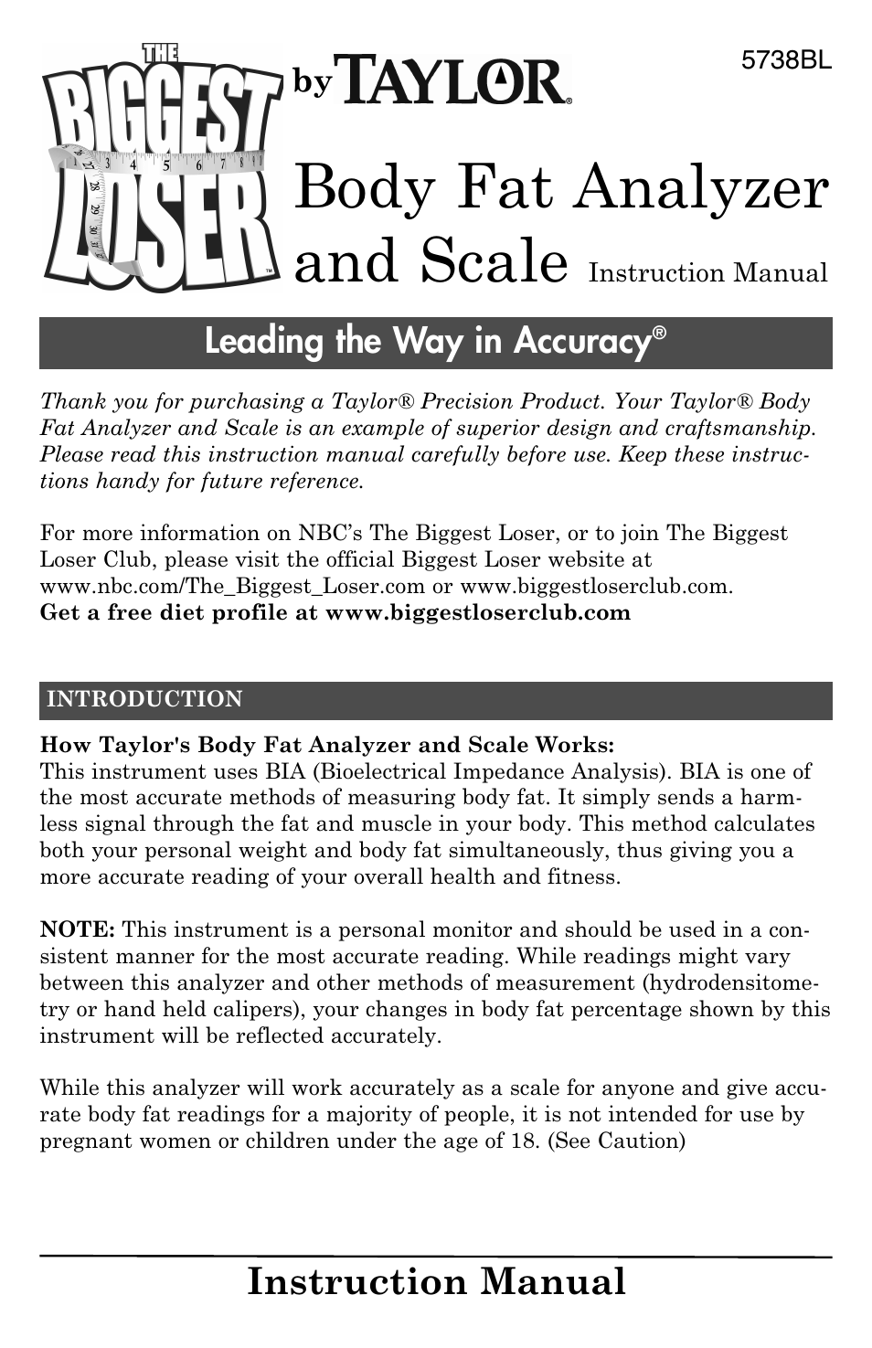 Taylor Body Fat Analyzer and Scale 5738BL User Manual | 12 pages
