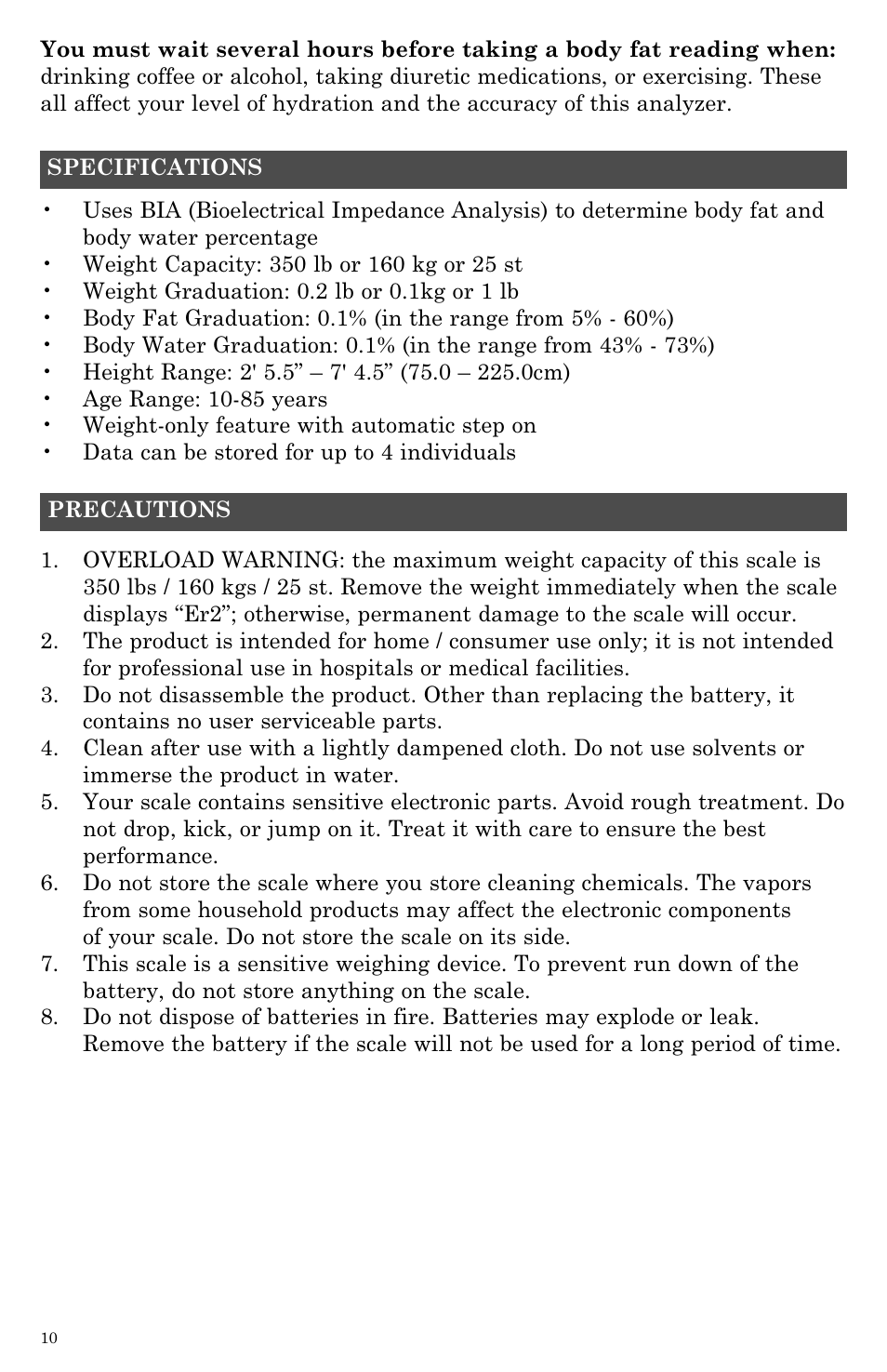 Taylor Body Fat Analyzer and Scale 5738BL User Manual | Page 10 / 12