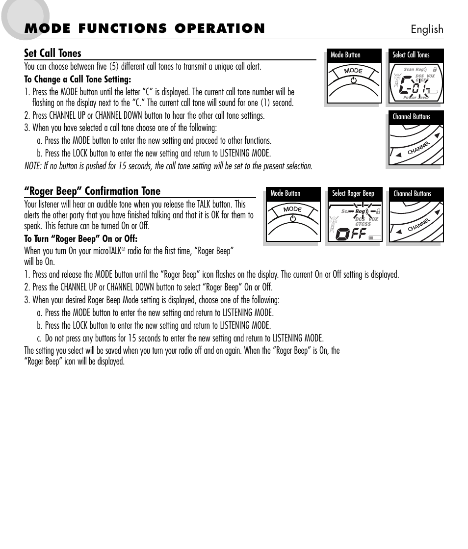 Mode functions operation, Set call tones, Roger beep” confirmation tone | Cobra Electronics microTALK 600 User Manual | Page 11 / 12