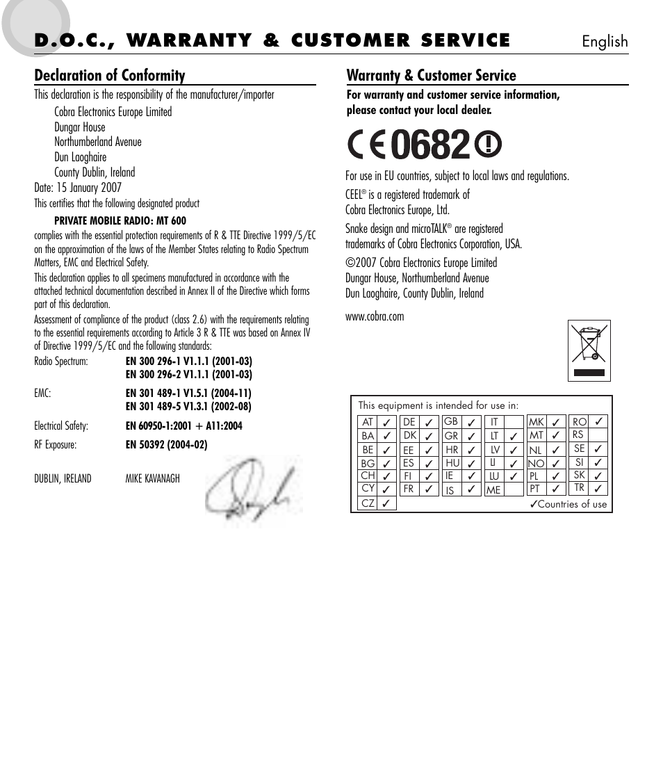 D.o.c., warranty & customer service, Declaration of conformity, Warranty & customer service | English | Cobra Electronics microTALK 600 User Manual | Page 12 / 12