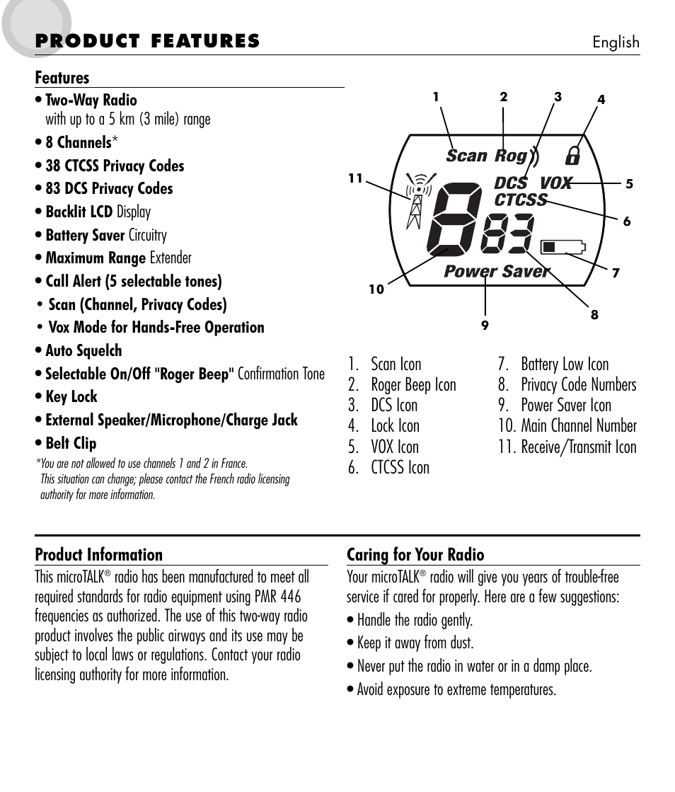 Features, Product information, Caring for your radio | Product features | Cobra Electronics microTALK 600 User Manual | Page 2 / 12