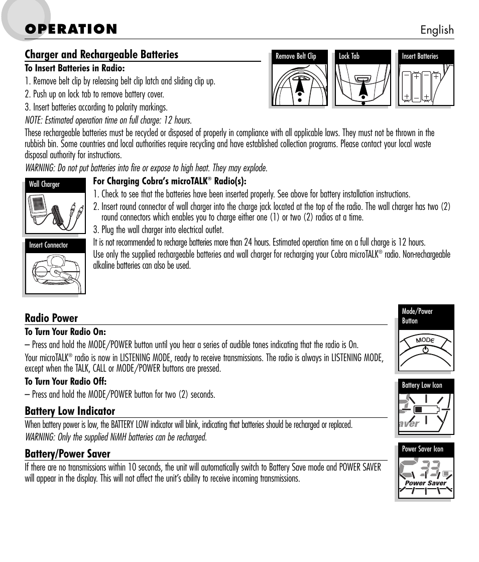 Operation, Charger and rechargeable batteries, Radio power | Battery low indicator, Battery/power saver | Cobra Electronics microTALK 600 User Manual | Page 3 / 12