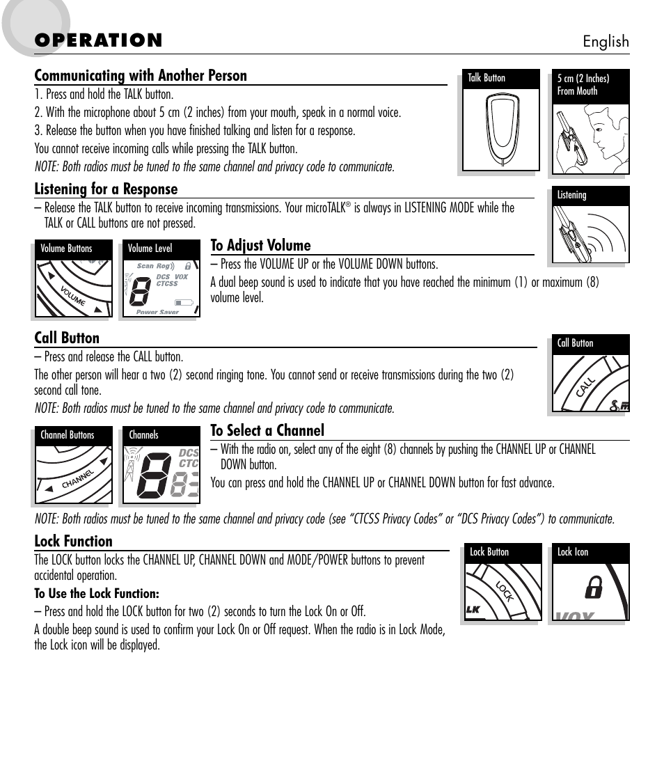 Operation, Communicating with another person, Listening for a response | Call button, Lock function | Cobra Electronics microTALK 600 User Manual | Page 4 / 12