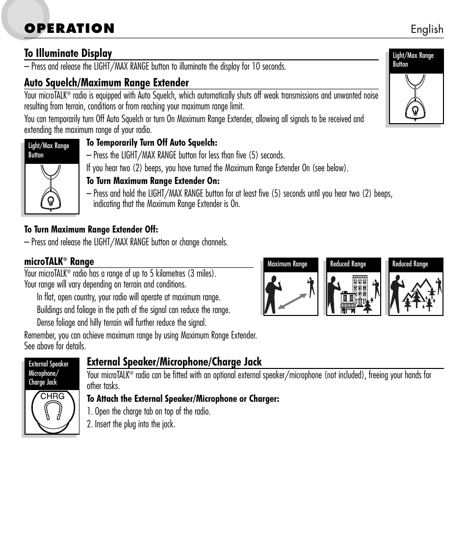 Operation, Auto squelch/maximum range extender, External speaker/microphone/charge jack | Cobra Electronics microTALK 600 User Manual | Page 5 / 12