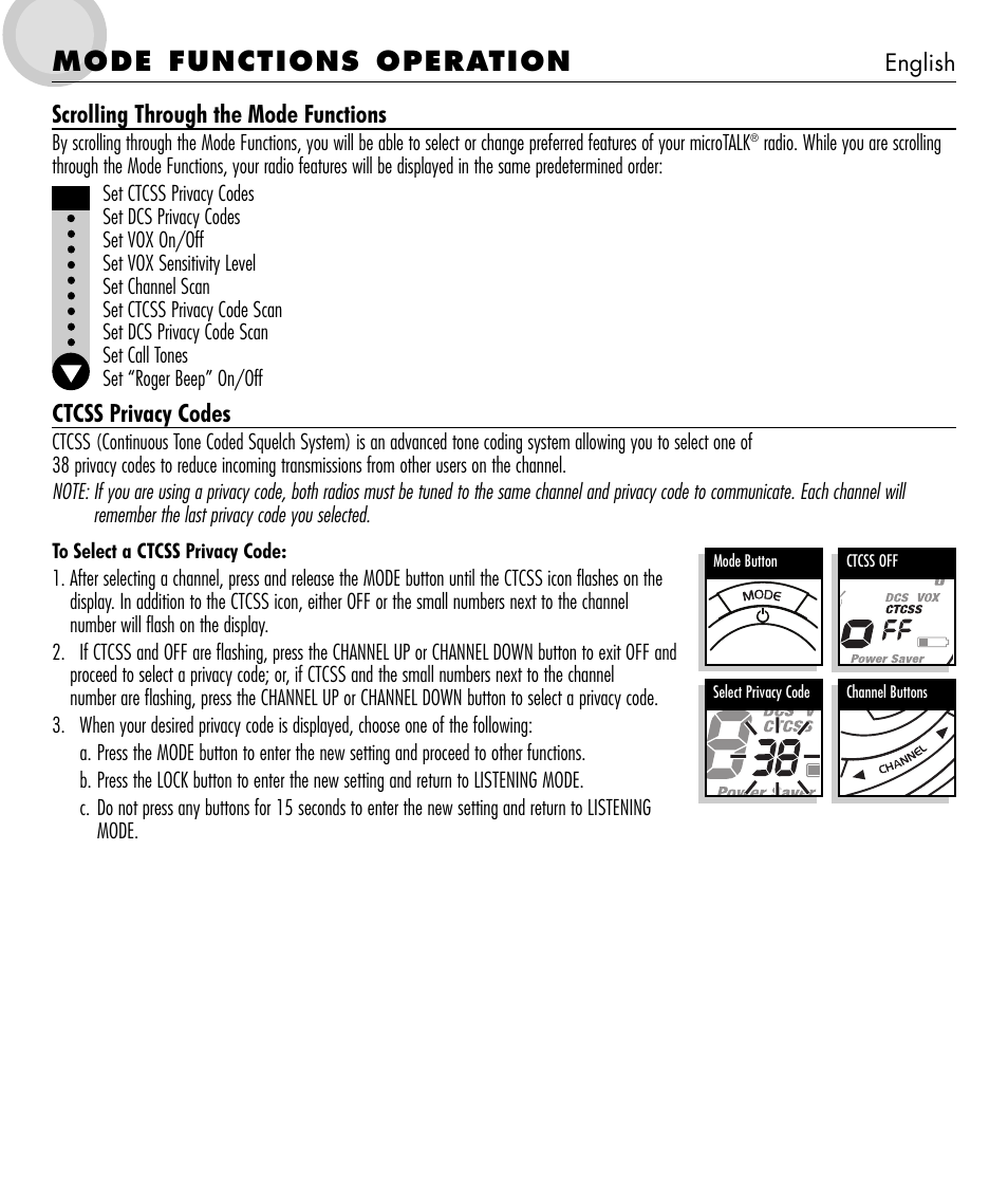 Mode functions operation, Scrolling through the mode functions, Ctcss privacy codes | Cobra Electronics microTALK 600 User Manual | Page 6 / 12