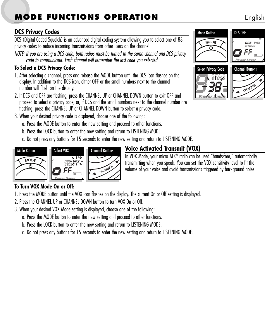 Mode functions operation, Dcs privacy codes, Voice activated transmit (vox) | Cobra Electronics microTALK 600 User Manual | Page 7 / 12