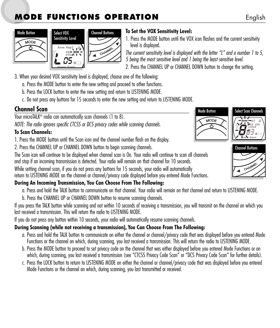 Mode functions operation, Channel scan | Cobra Electronics microTALK 600 User Manual | Page 8 / 12